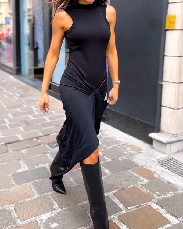 Langes, plissiertes Maxikleid ohne Ärmel